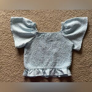 Art Class Sky Blue Gingham Peplum Textured Girls Top Square Neckline Puff Sleeve